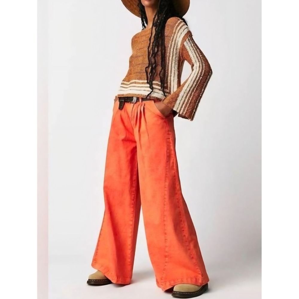 FP We The Free Equinox Wide Leg Pleated Denim Trouser Jeans Orange 27 NWOT